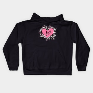 Love in pink heart on pink leopard pattern Kids Hoodie